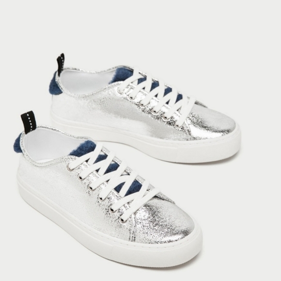 Zara Basic Collection Silver Metallic Sneakers Size -38/US 7.5 - Picture 1 of 16